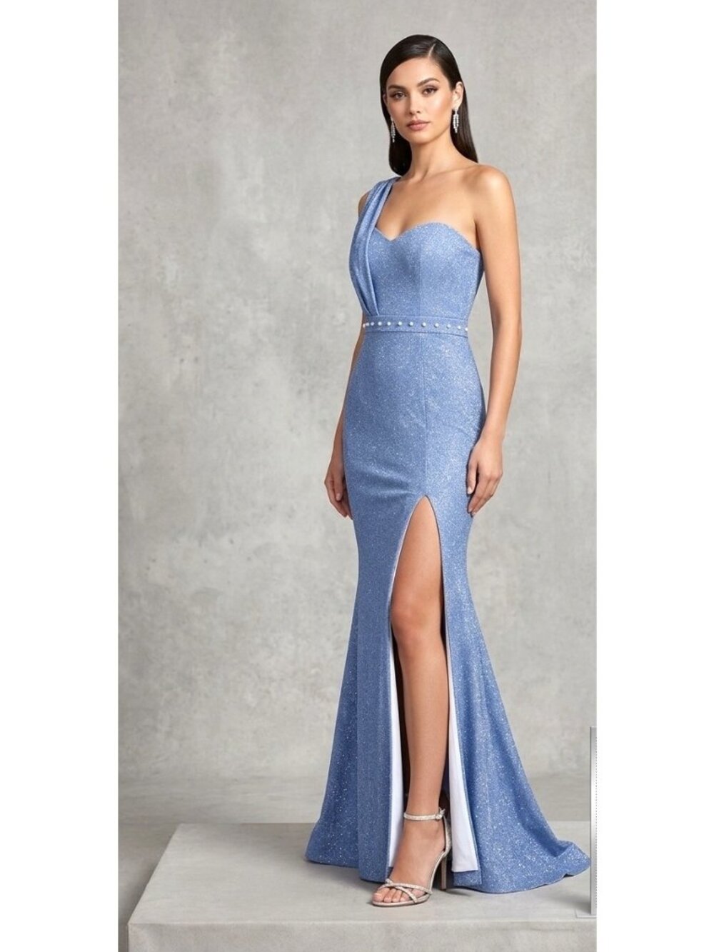 One-Shoulder Glitter Blue Evening Gown Pearl Accents Side Slit 27" Maxi 58”